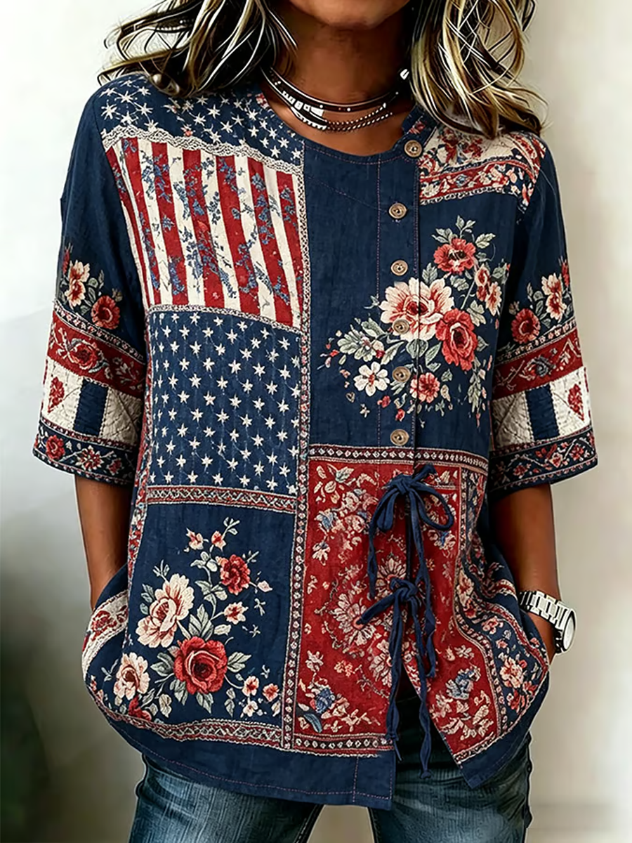 Women's 250th Anniversary Printed Cotton Linen Casual Shirt
