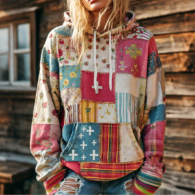 Women's Vintage Flower Cross Art Long Sleeve Hoodie