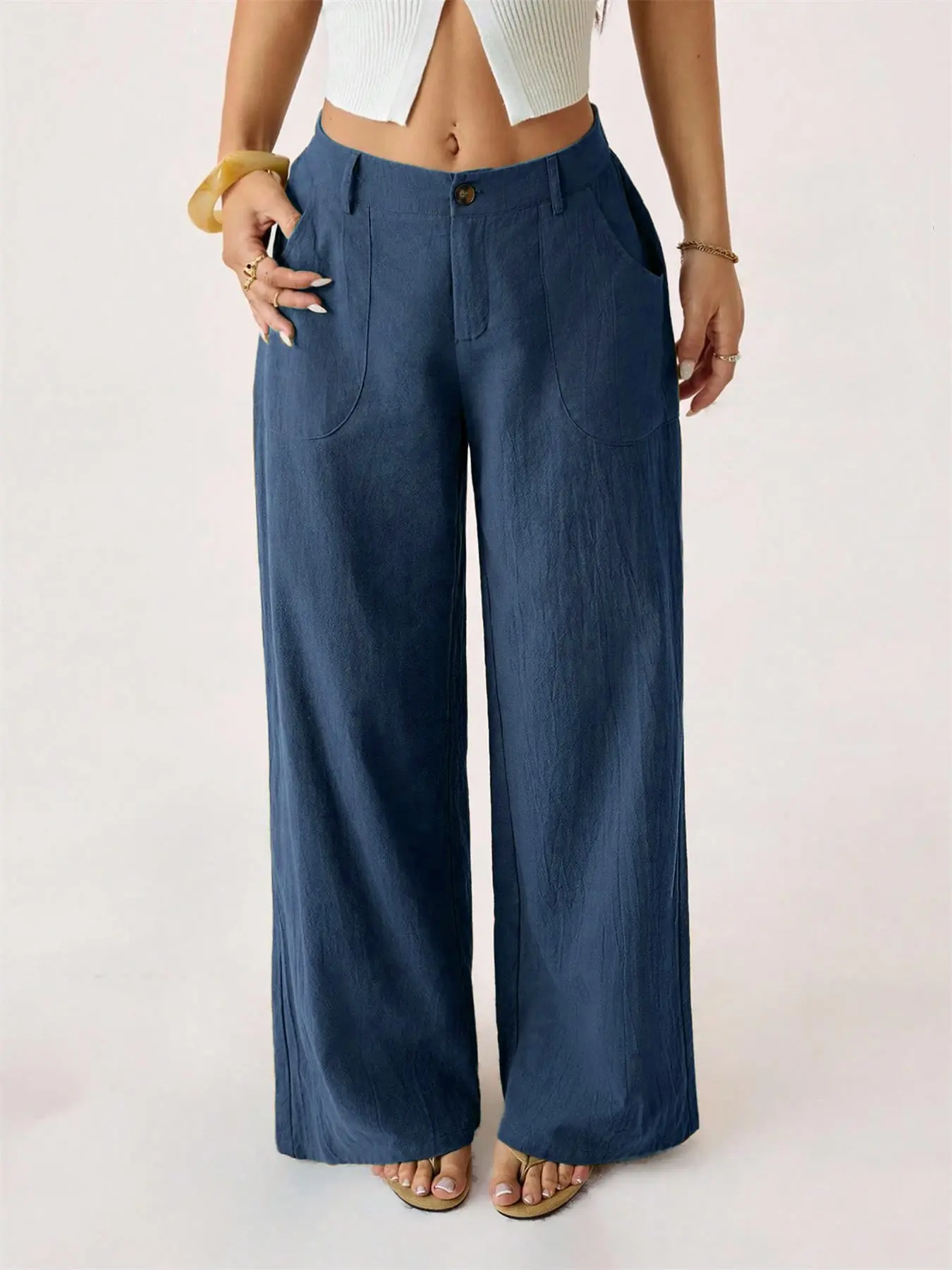 Women's Classical Linen Palazzo Pants Summer Flowy Wide Straight Leg Beach Trousers With Pocket Casual Solid Color Soft Elastic High Waist Lounge Pants Travel Vacation Bottoms Date Brunch Home Work Streetwear Outfit