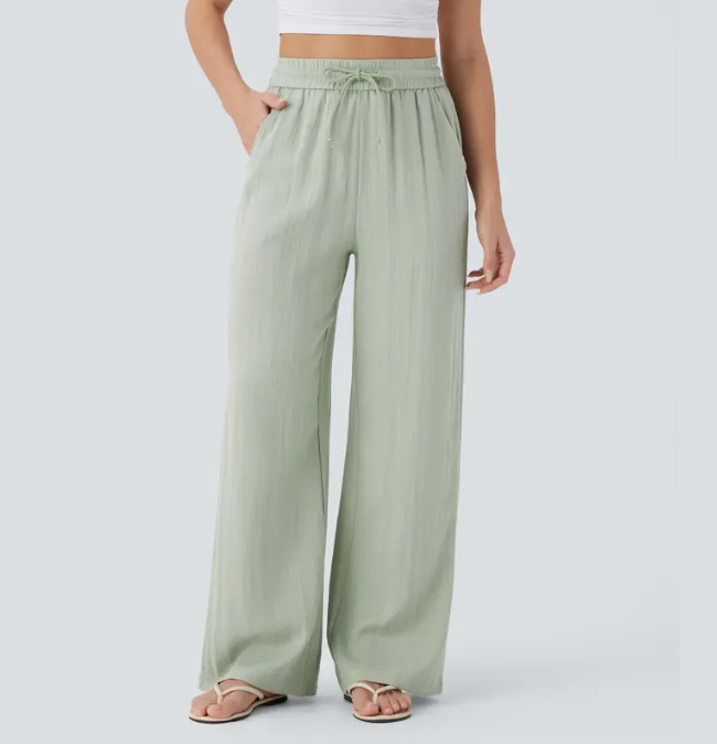 High Waisted Drawstring Pocket Wide Leg Baggy Casual Linen-Feel Pants
