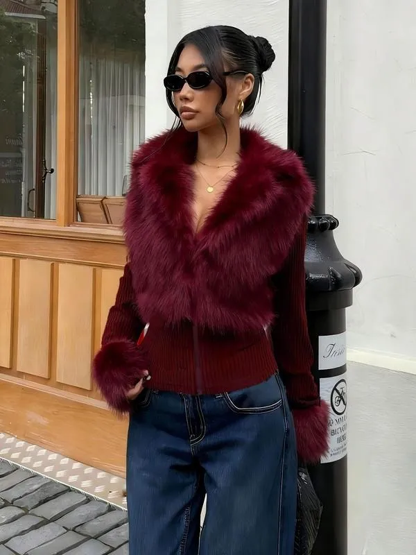 Women's Fashion Street Style Patchwork Knit Faux Fur Jacket