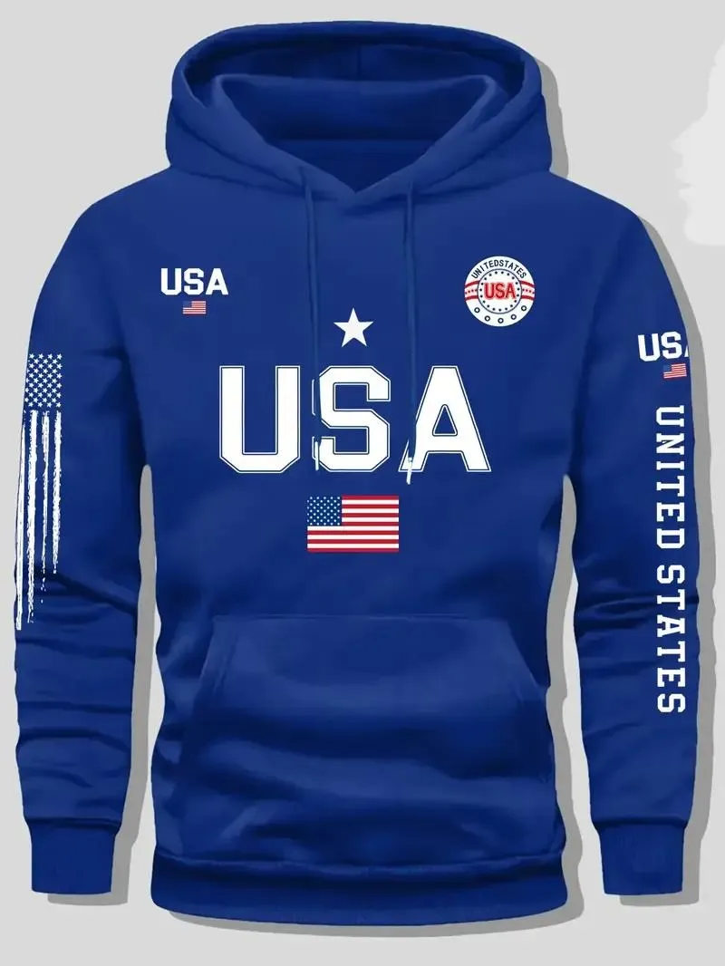 Men's fleece sweatshirt, United States letter print unisex casual knit fabric pullover for students and couples fashion hoodie