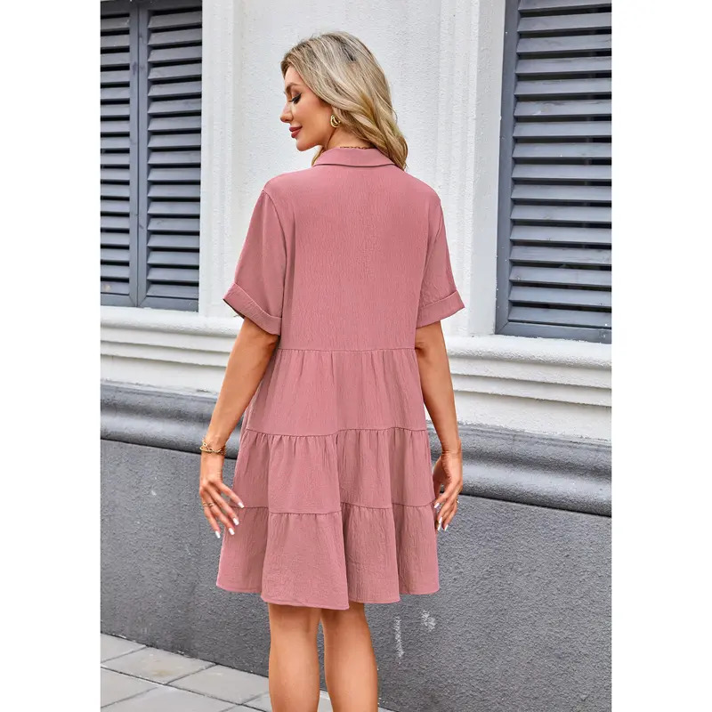 Women's Short-Sleeve Button-Front Textured Mini Dress – Loose, Flowy, Non-Clinging Fit with Pockets