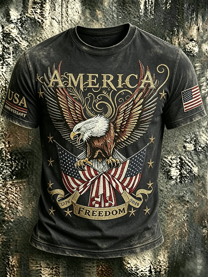 250Th Anniversary Eagle Printed Washed Round Neck T-Shirt From The United States