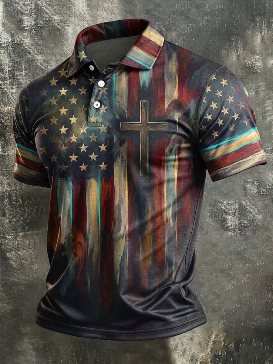 Men's Vintage American Flag Faith Art Short-Sleeve Polo Shirt