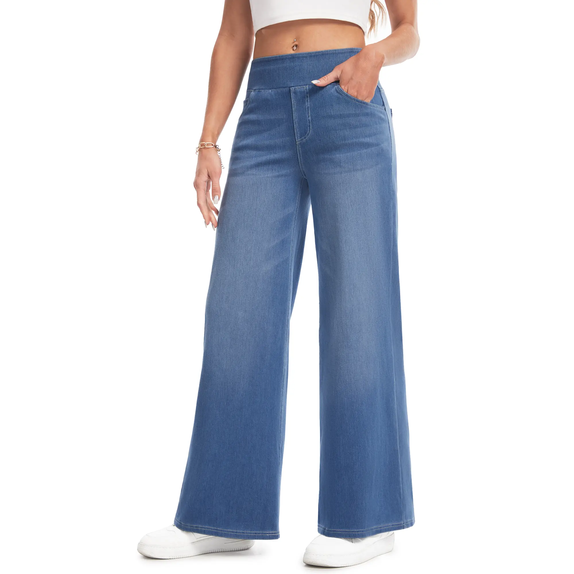 Women's Stretch Wide-Leg Jeans — Loose Fit, High-Waisted with Elastic Band