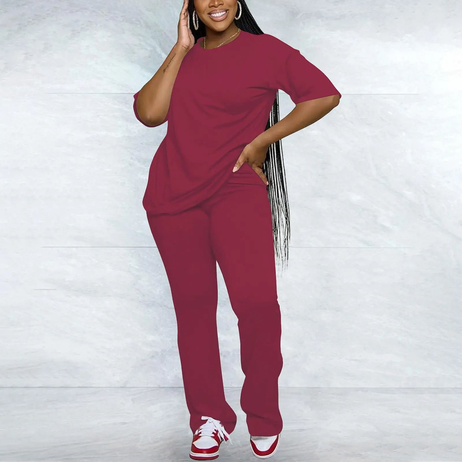 Women's Solid Drop Shoulder Tee & Pants Two-piece Set