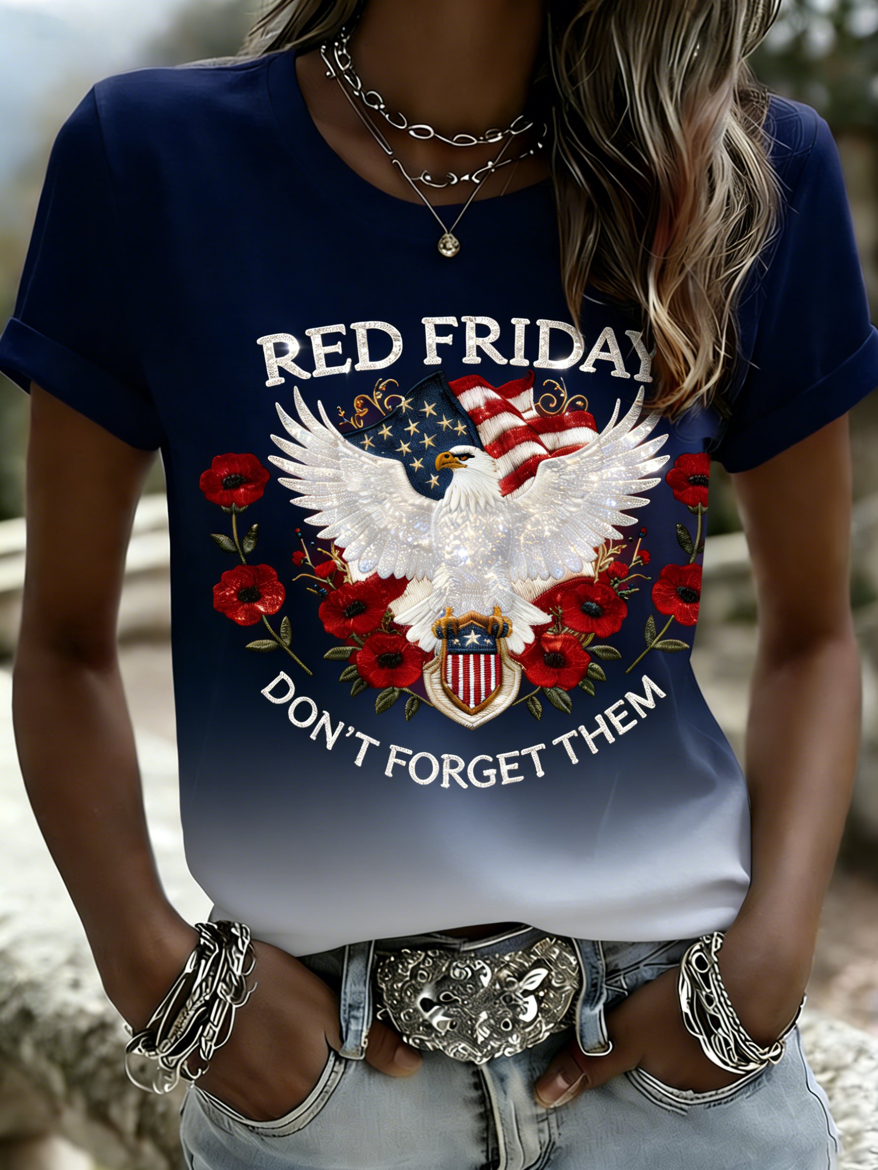 Women's Red Friday Print Casual Crew Neck Top