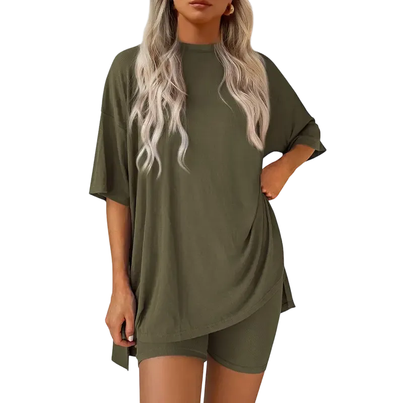 Women's Summer Two-Piece Set Casual Oversized Split Hem Shirts