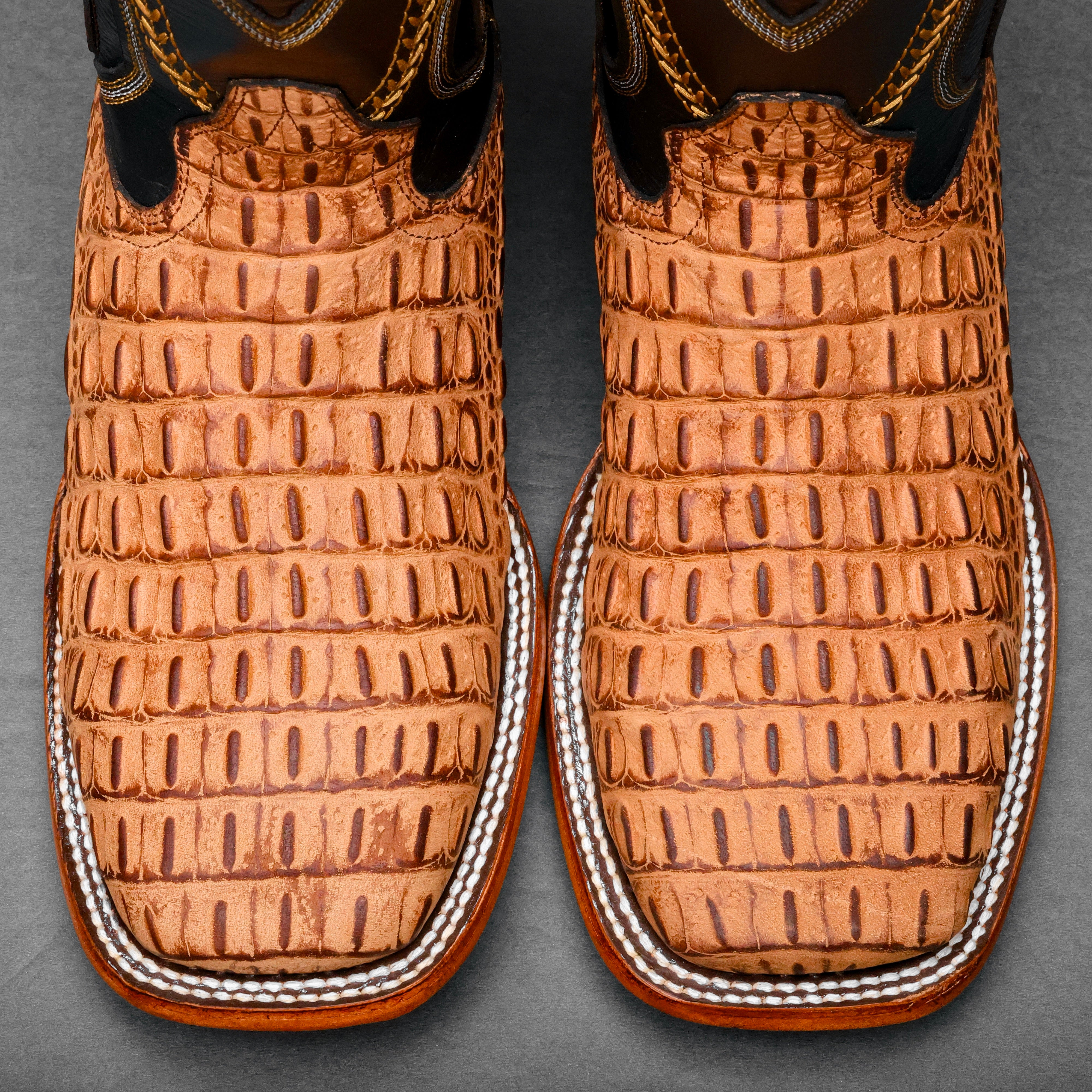 Matte Honey Caiman Hornback Leather Boots - Square Toe