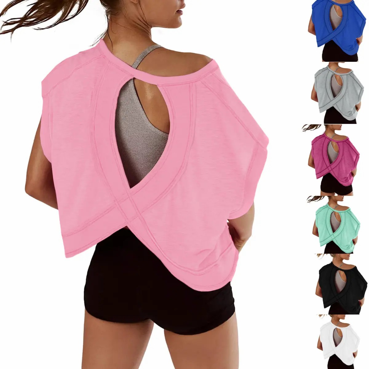 【Stock Up Deals】Women Short Sleeve Workout Shirts Open Back Tops Casual Yoga Y2k Athletic Gym Slouchy Crop Running Tees