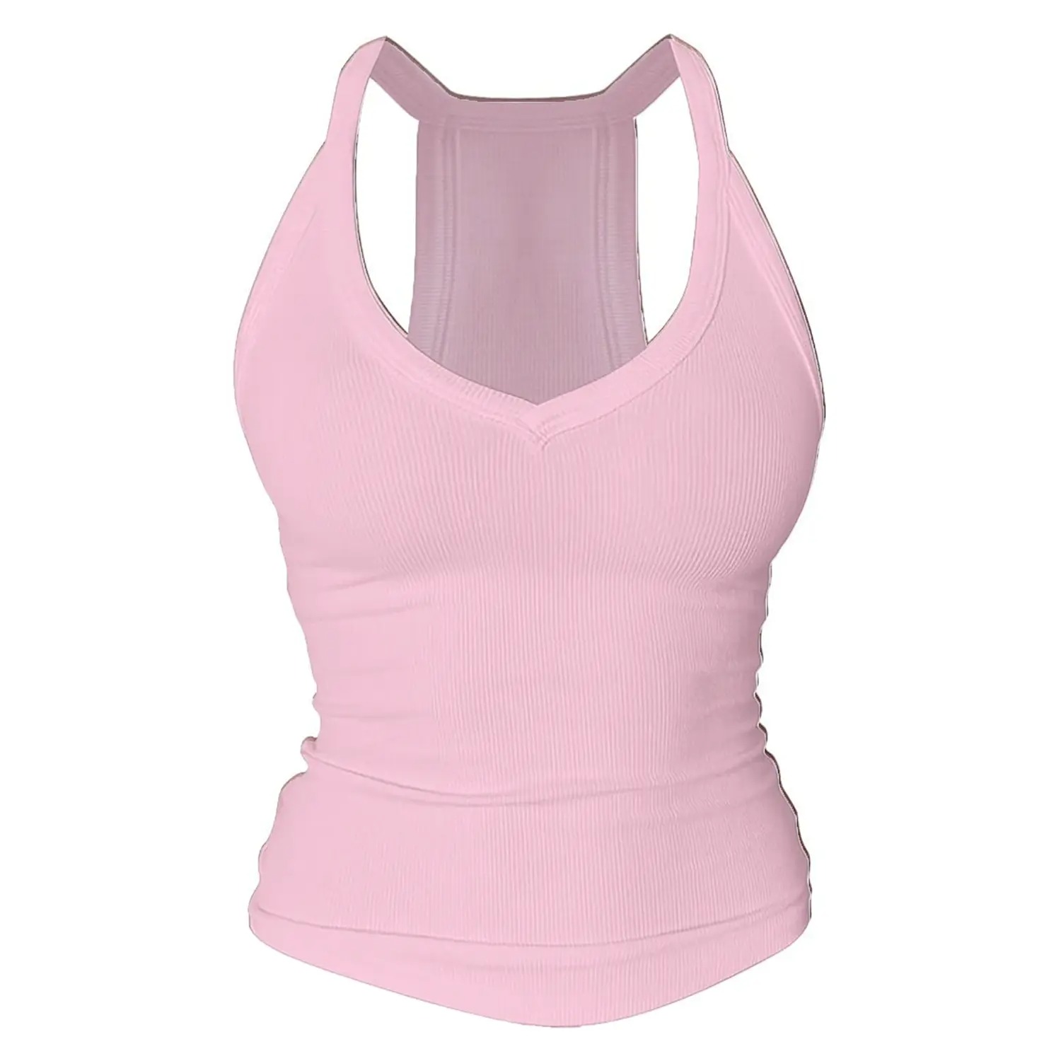 Women's V-Neck Racerback Cotton Tank Top Fitted Cami with Built-In Shelf Bra Basic Sleeveless Shirt
