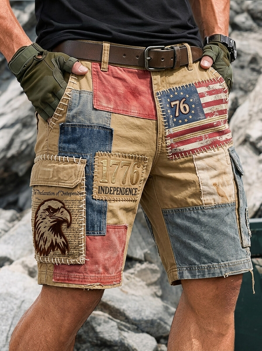 Men's Flag Eagle Patchwork Art Print Cargo Shorts