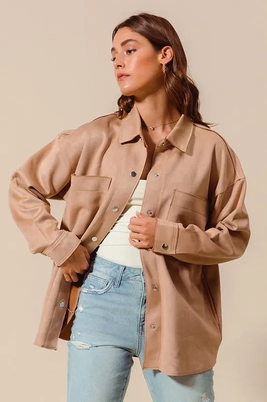 Faux Sued Snap Shacket with Collar and Pockets