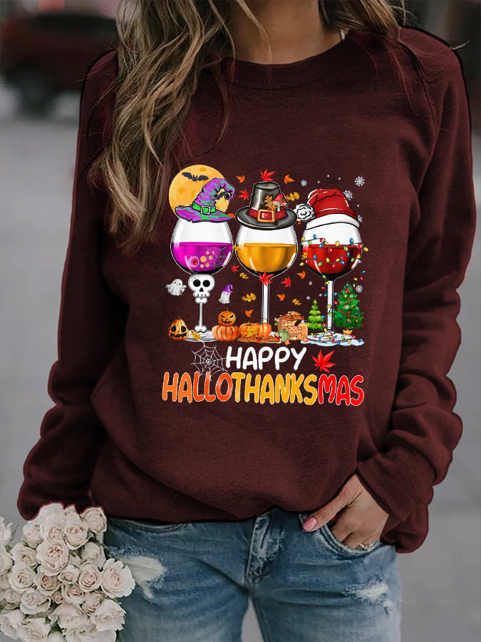 Women's Happy Hallothanksmas Wine Print Sweatshirt
