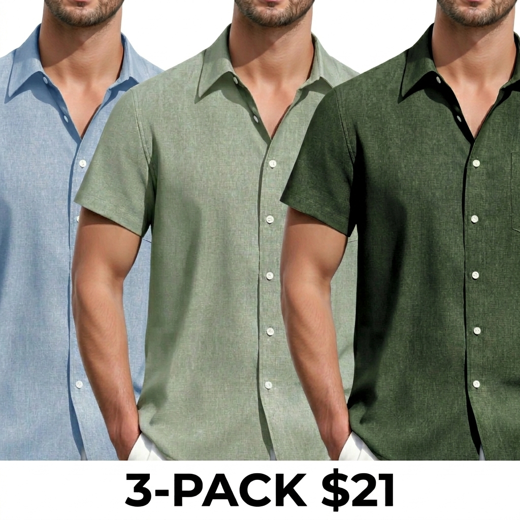 Men's Linen Short Sleeve Shirt – Breathable Lightweight Casual Button Down with Pocket