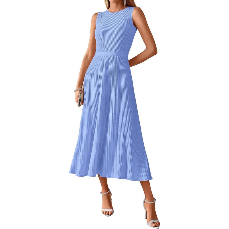 Women's Midi Bodycon Tank Dress Summer Crewneck Rib Knit Sleeveless Pleated Swing A Line Business Casual Dresses