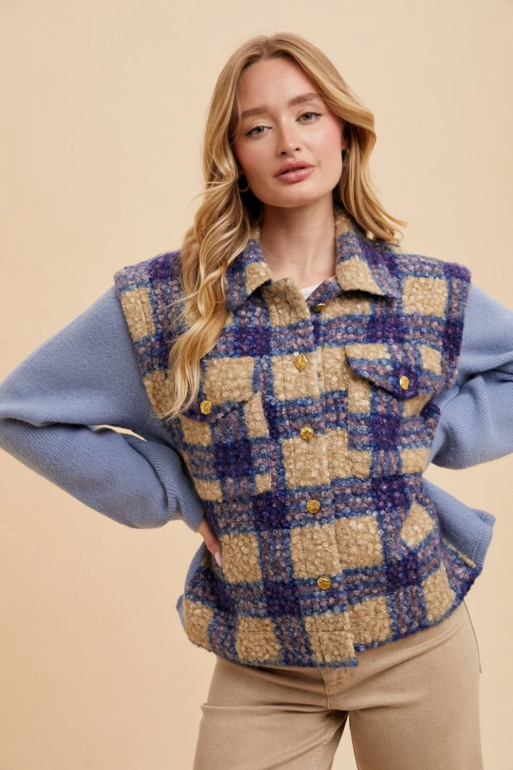 Faux Fur Plaid Button Up Jacket