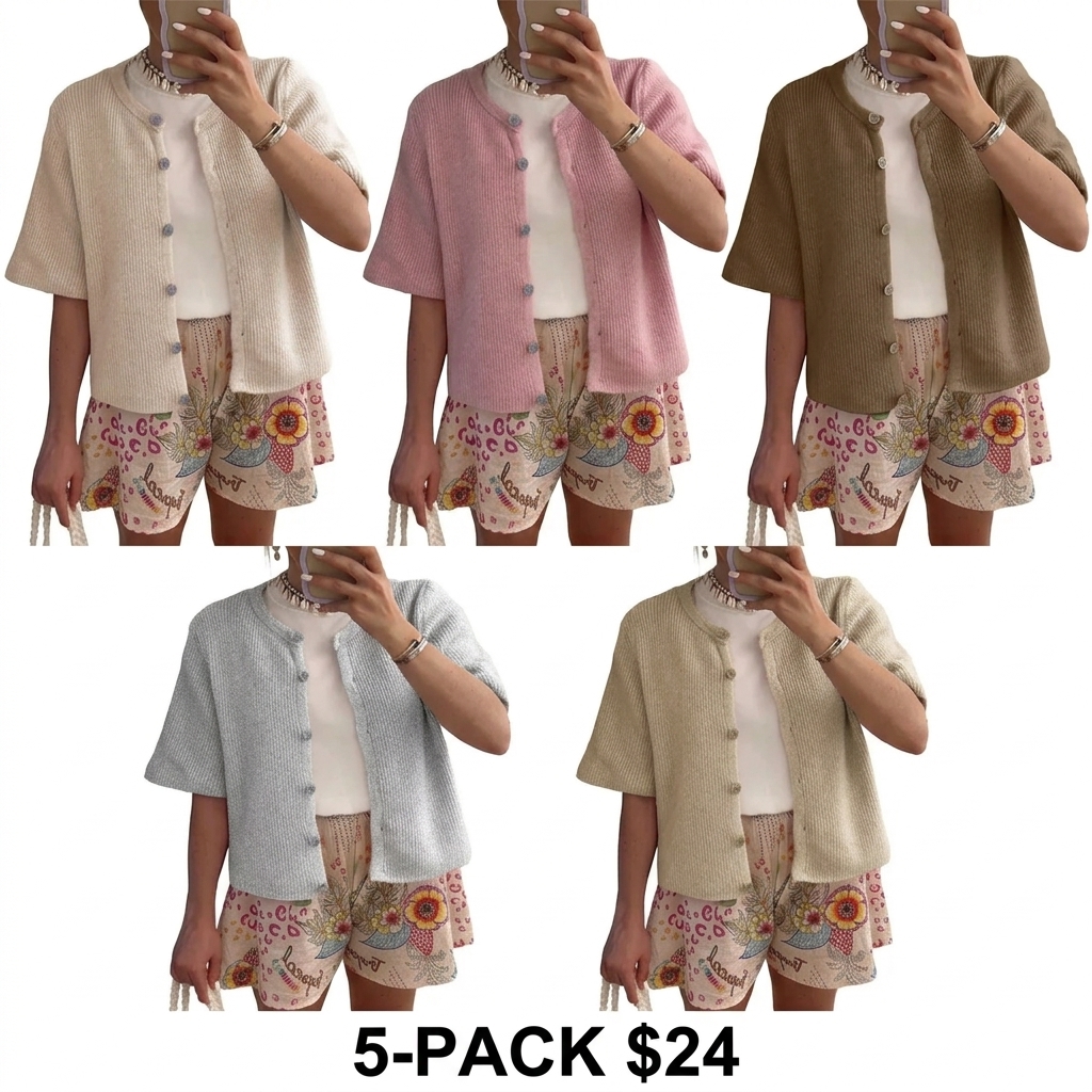 Women's Short Sleeve Ribbed Knit Cardigan – Lightweight Button Down Layering Top
