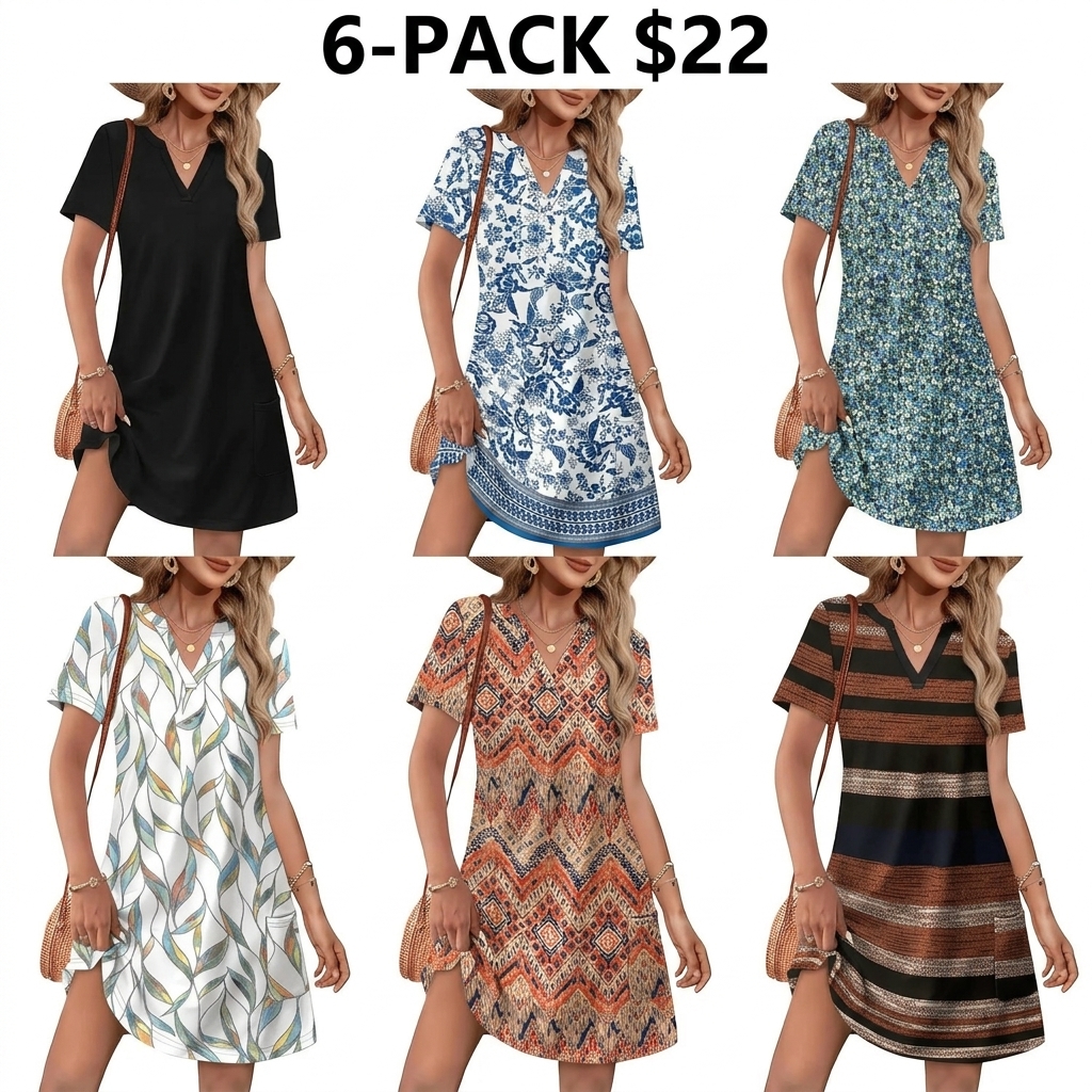 🔥 Women 2026 Casual Summer V Neck Dress Short Sleeve Fashion Beach Vacation Clothes