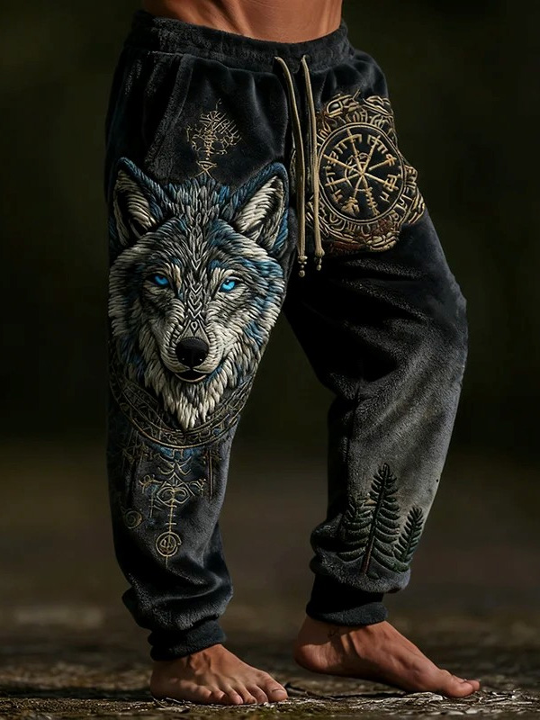 Men's Viking Wolf Vegvisir Art Print Loose Drawstring Waist Flannel Pants