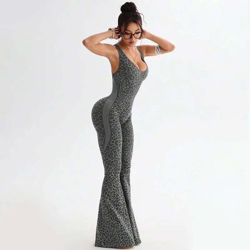 Women's Leopard Print Flared Workout Bodysuit