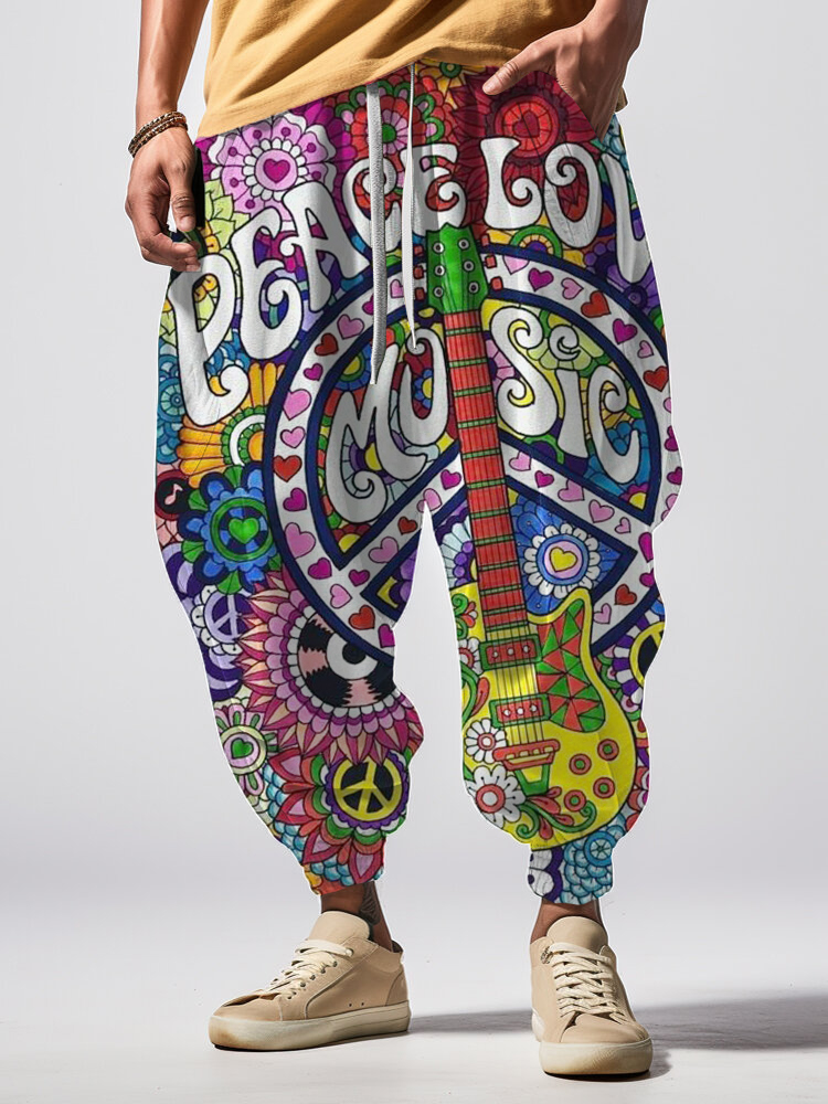 Men's Peace Love Psychedelic Hippie Music Art Loose Drawstring Waist Sweatpants
