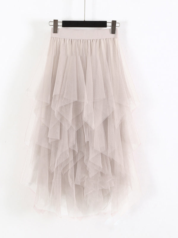 Fairy Mesh Splicing Solid Color High Waist Midi Skirt