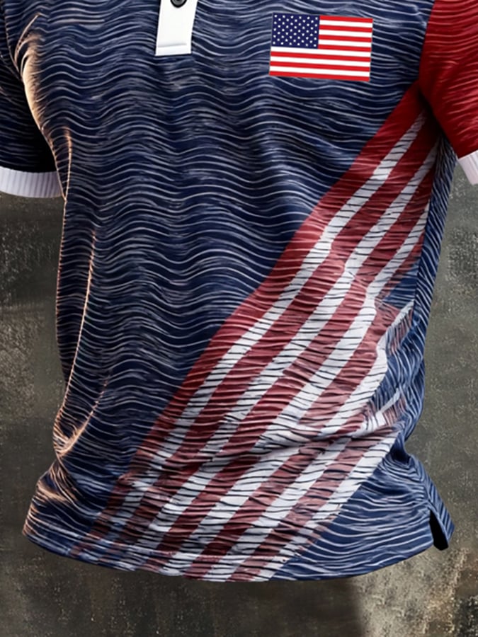 Men's Retro Patriotic Color-Block Short-Sleeve Polo Shirt