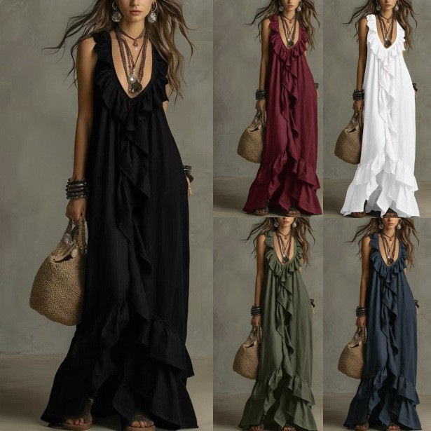Elegant Bohemian V Neck Ruffle Maxi Dress