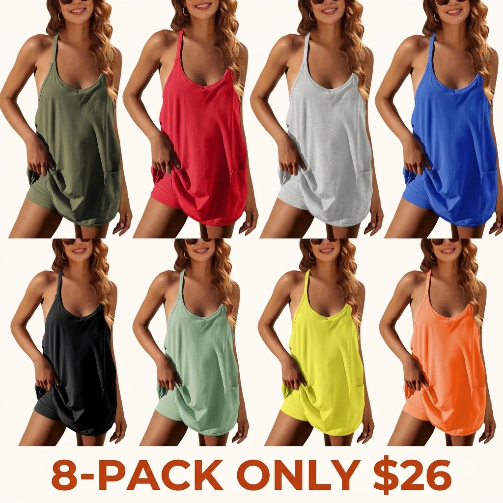 Women's Sleeveless Athletic Dress – Built-in Shorts with Pockets