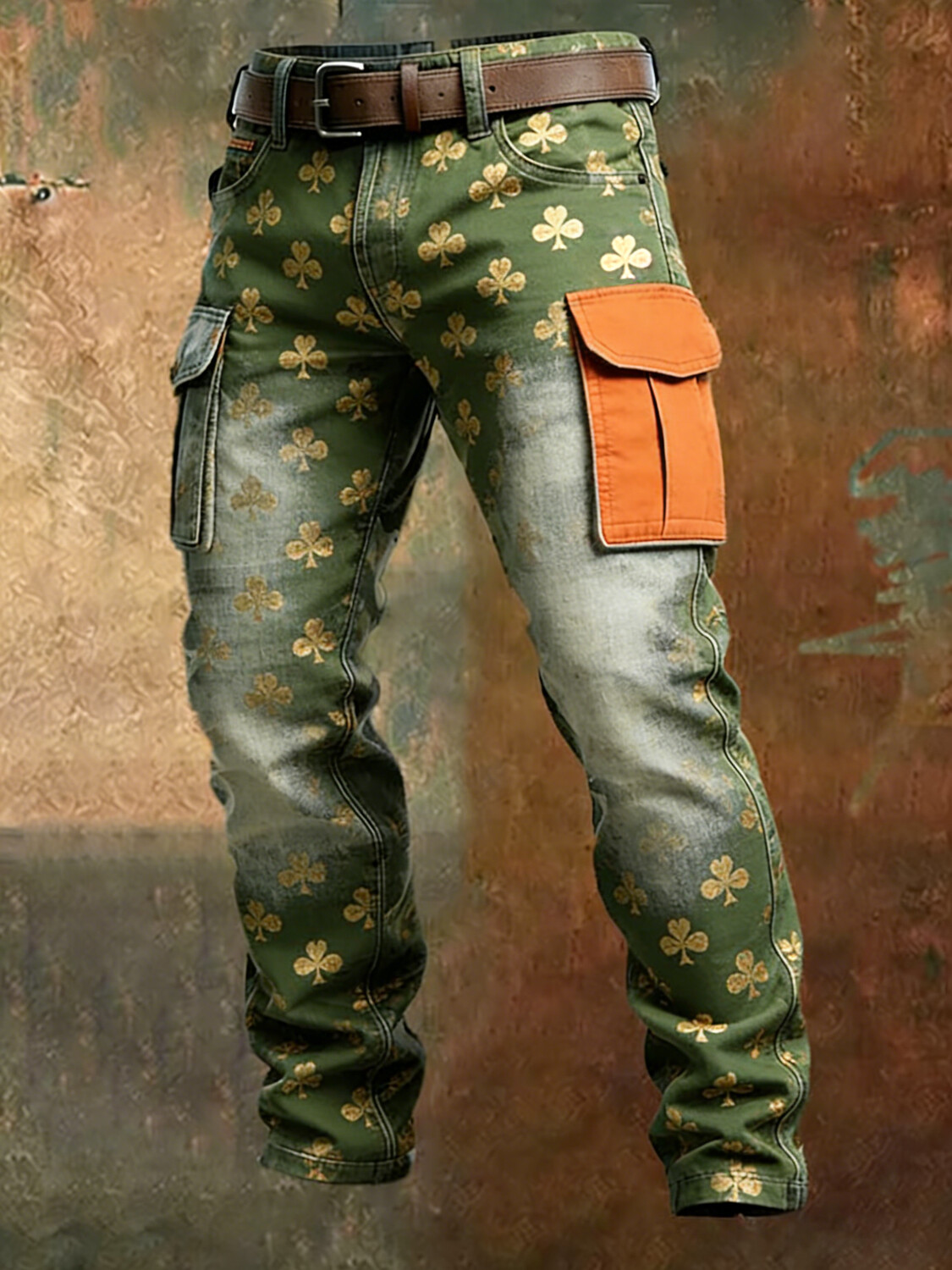 Men's St. Patrick's Day Clover Print Casual Denim-Like Pants