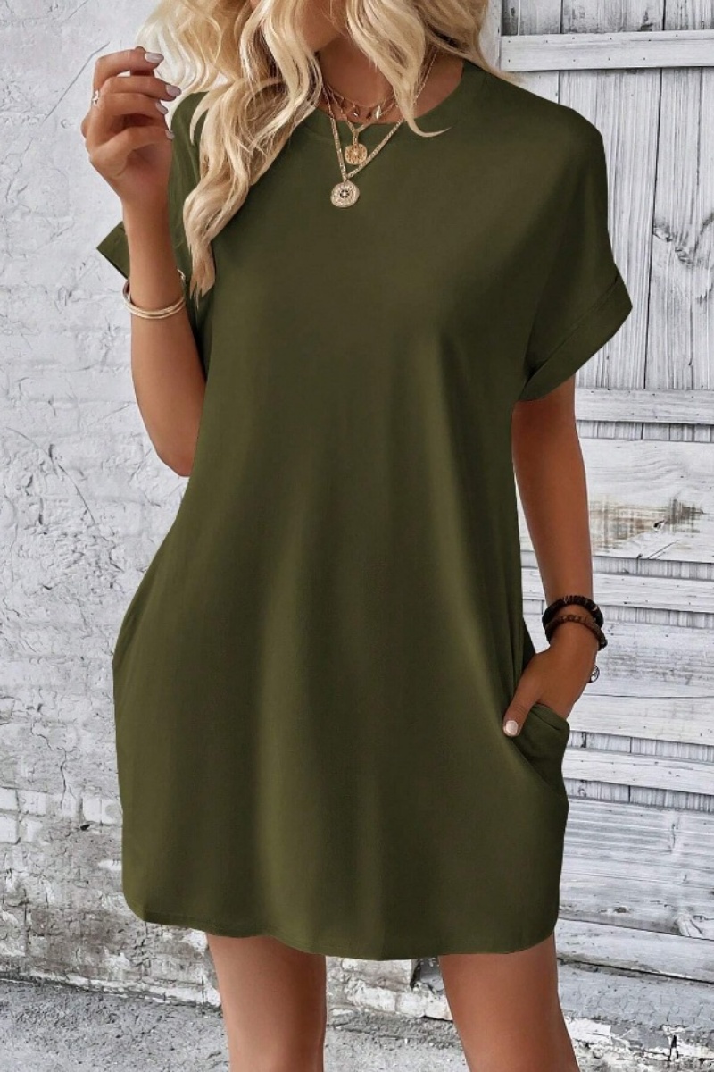 Casual Minimalist Round Neck Roll Up Sleeve Dress