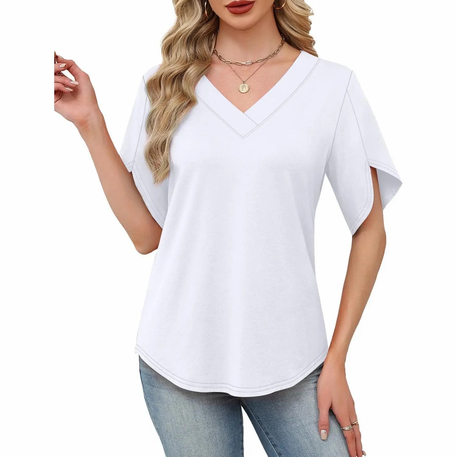 Women’s Summer V-Neck Petal Sleeve Casual Blouse Top