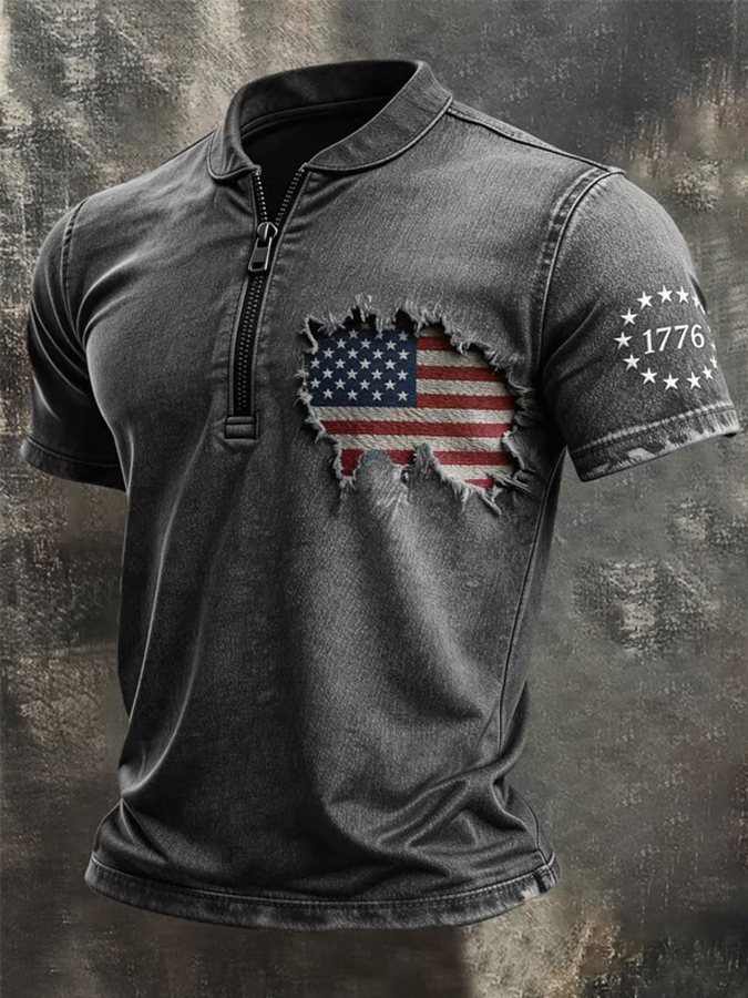 Men'S Retro Vintage Vintage American Flag Zipper T-Shirt