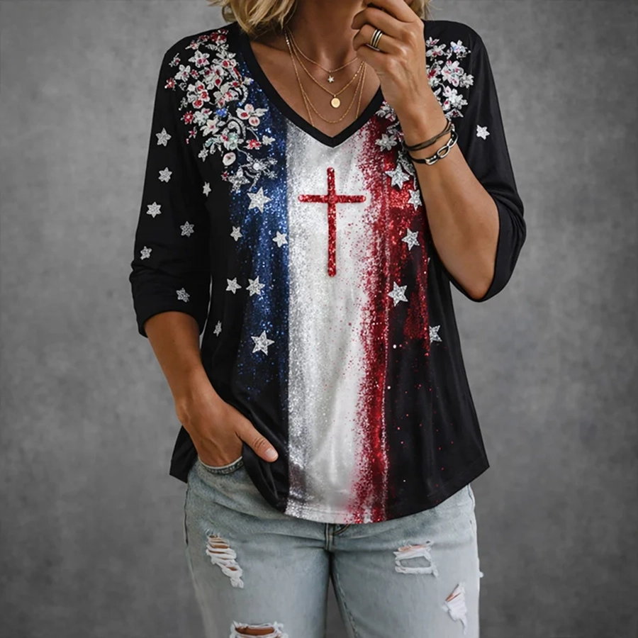 Ladies' Casual US National Day Flag Print V-Neck Long Sleeved T-Shirt