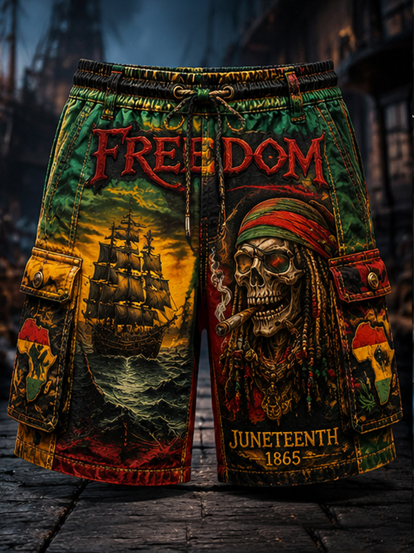 Men's Pirate Skull Africa Map Print Drawstring Waist Casual Shorts