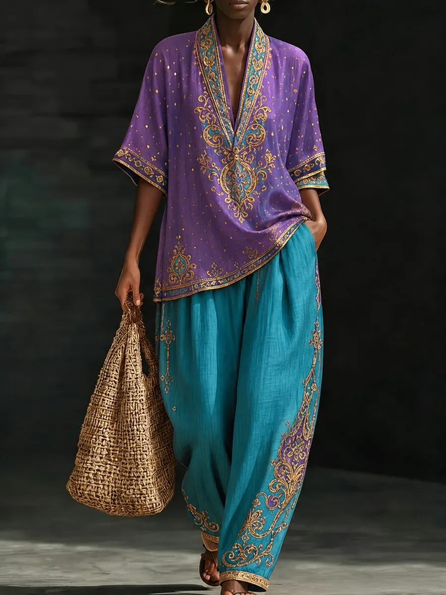 Women’s Purple & Teal Boho Kaftan Two-Piece Set