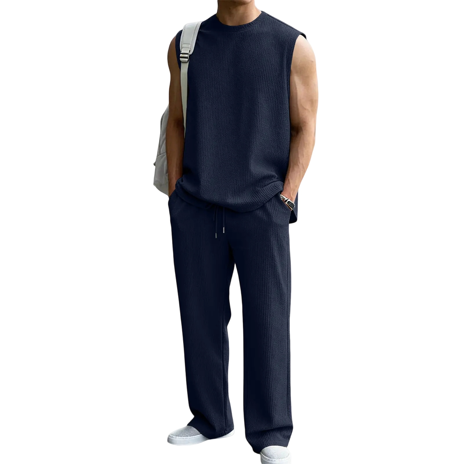 Mens 2 Piece Rib Knit Sweatsuit Summer Sleeveless Tank