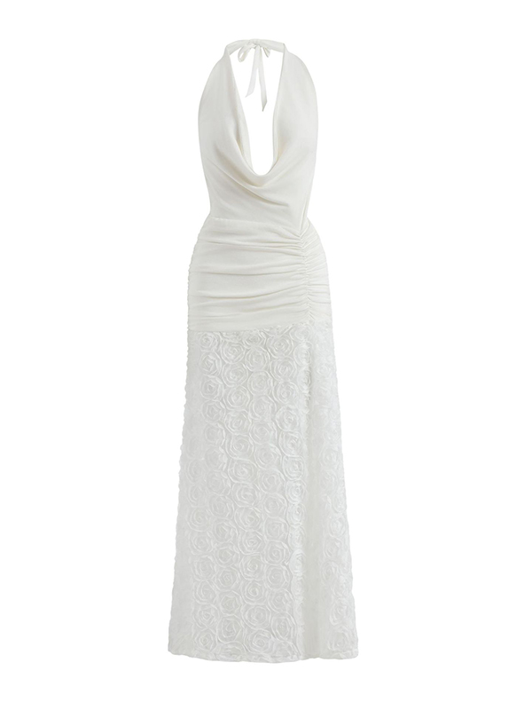 3D Flower Mesh Splicing Sleeveless Halterneck Sexy Memaid Maxi Dresses