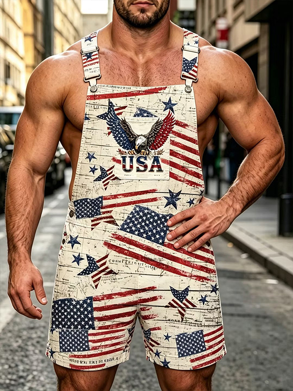 Men's Vintage USA Eagle Flag Print Shorts Overalls