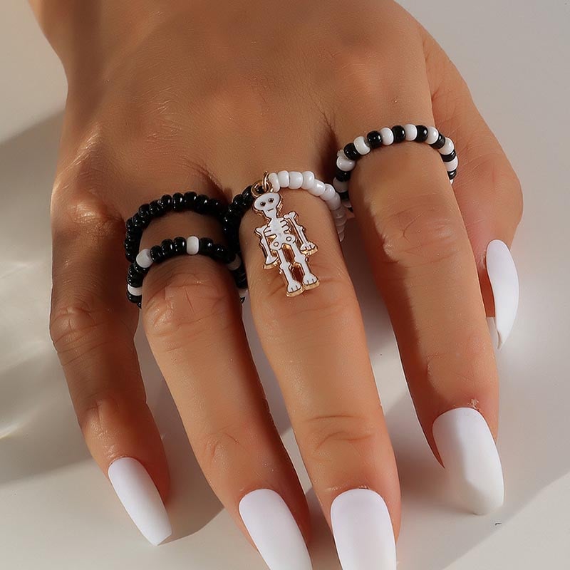 Fashionable And Creative Elastic Rice Beads Skull Skeleton Design Ring