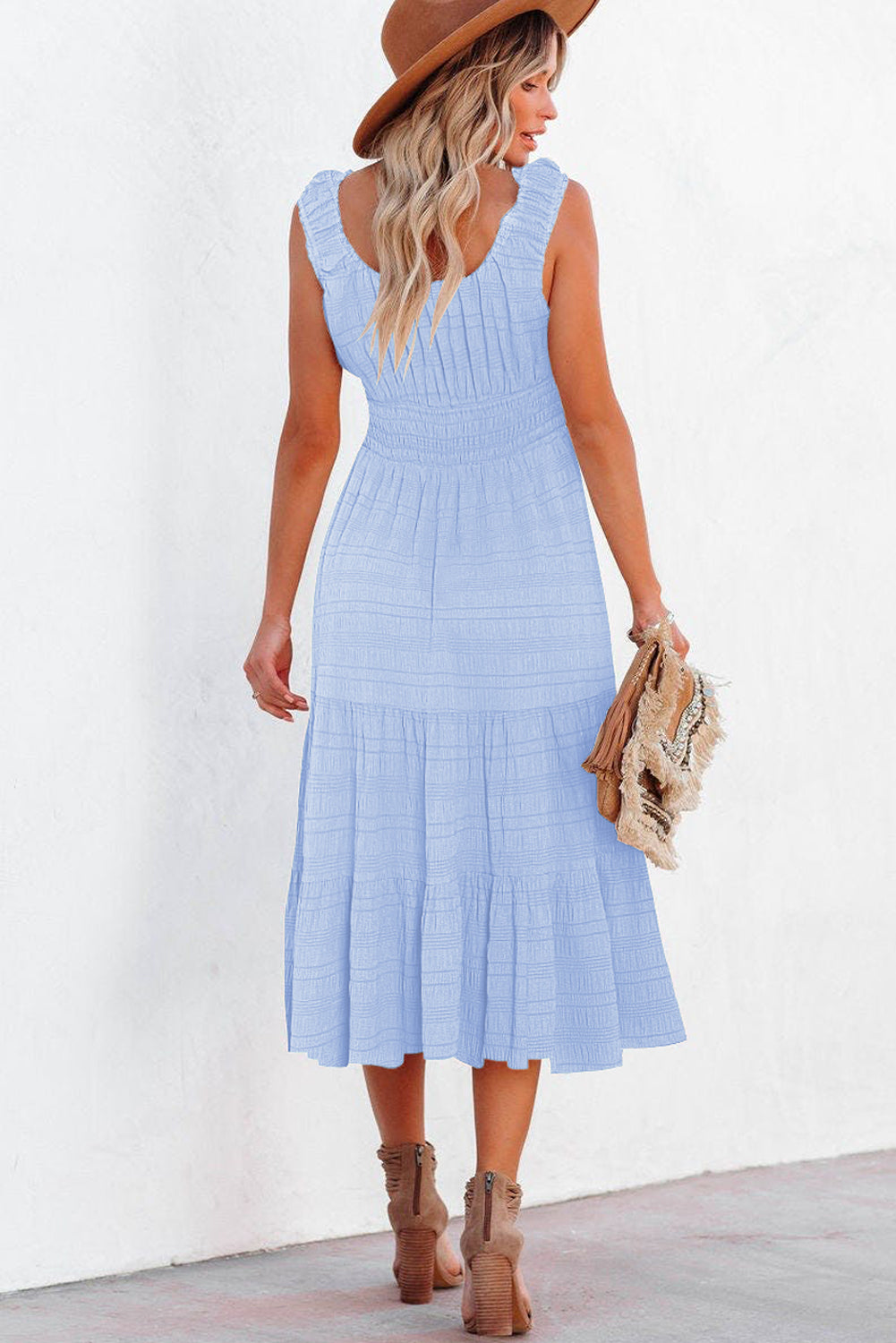 Sky Blue Shirred Pleated Square Neck Sleeveless Midi Dress