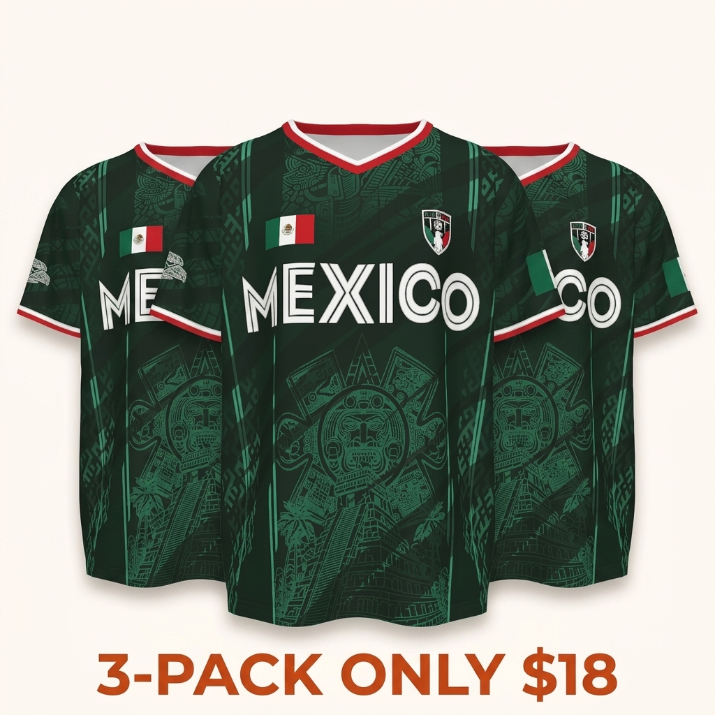2026 Mexico soccer jersey—a retro-style shirt featuring a pattern of the Chichén Itzá pyramid