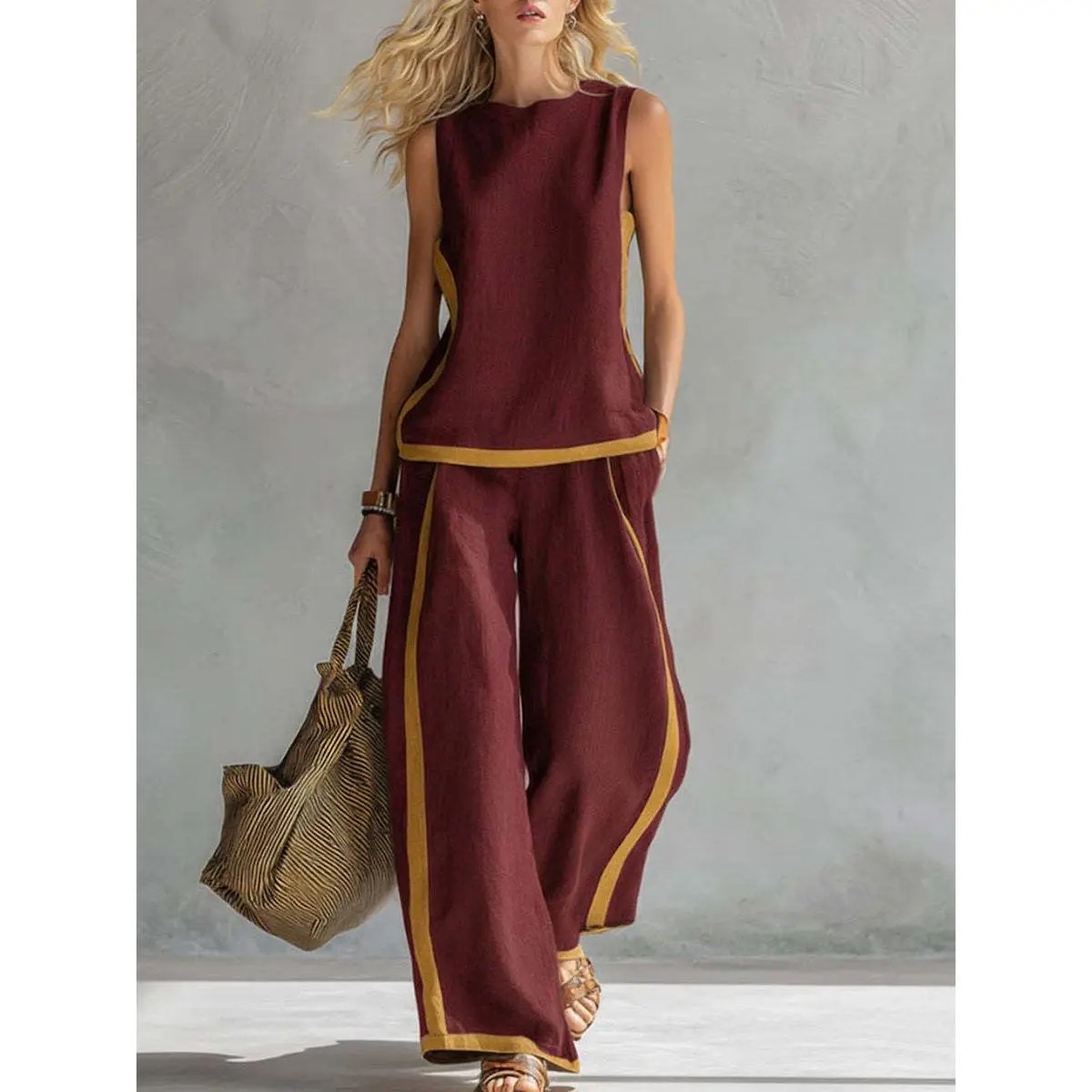 Women's Sleeveless Color Block Top & Wide Leg Pants Set