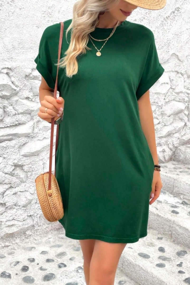 Casual Minimalist Round Neck Roll Up Sleeve Dress