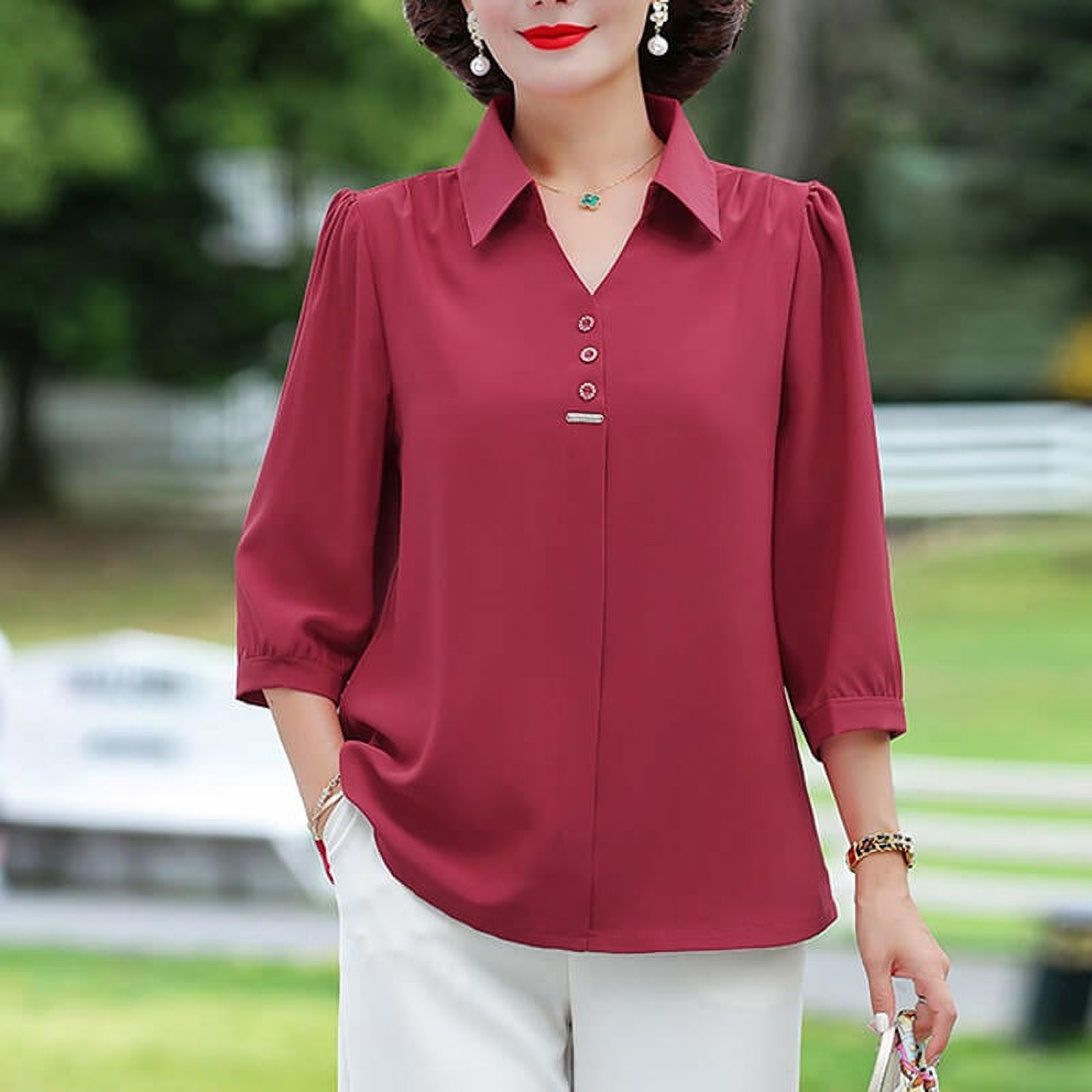 Women's 3/4 Sleeve Shirt Elegant Polo Collar Solid Color Blouse