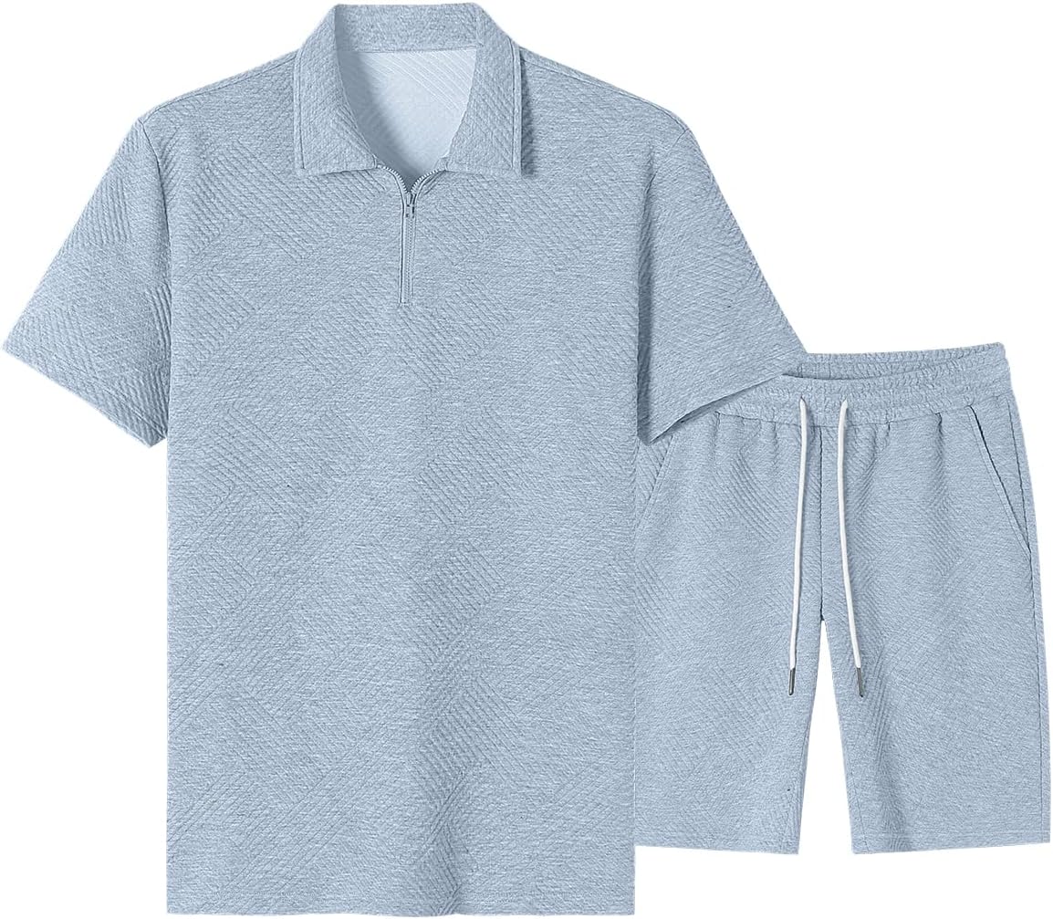 Men's Tracksuits 2 Piece Outfits Casual Sweatsuit Textured 1/4 Zip Short Sleeve Golf Polo Shirt and Short Sets