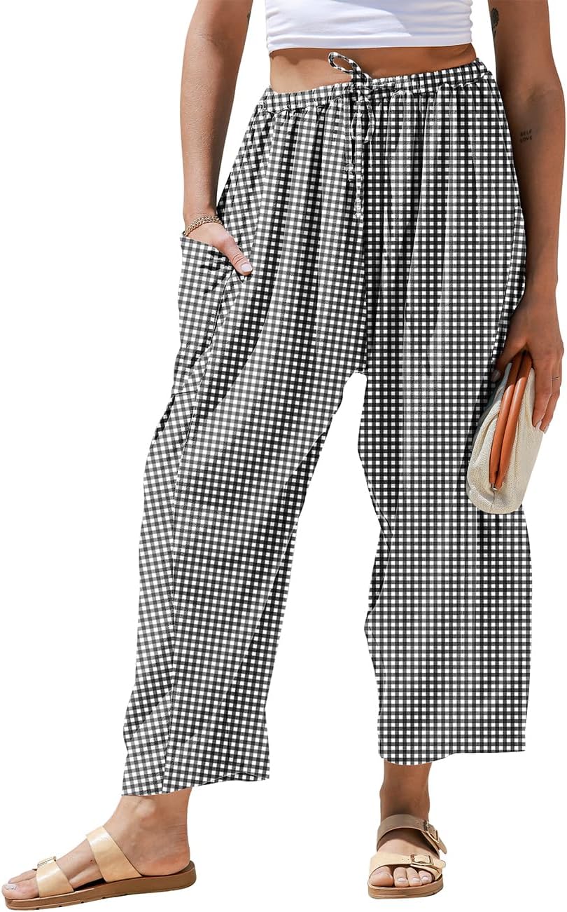 Womens Linen Wide Leg Striped Pants Casual Barrel Loose Drawstring Low Waist Palazzo Harem Pants with Pockets