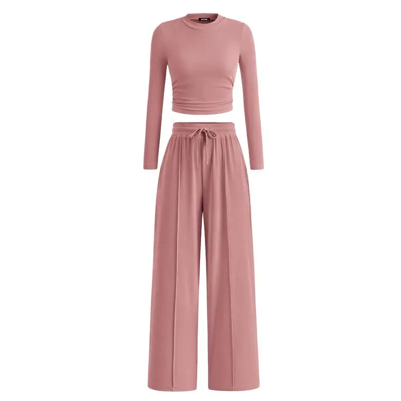 Ribbed Knit Long Sleeve Crop Top Wide Leg Pants